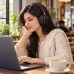 GX-7 Headphones Lifestyle Woman wearing GX-7 wireless headphones while working on a laptop in a café