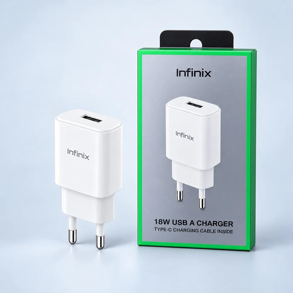 Infinix 18W Charger With Type-C Cable (U180Xed) 2 Infinix 18W USB-A charger with its retail box and Type-C cable