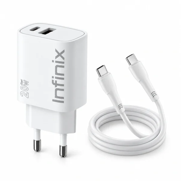 Infinix 20W Gan Charger With Usb-C And Usb-A Ports And Type-C To Type-C Cable Infinix 20W GaN charger with USB-C and USB-A ports and Type-C to Type-C cable