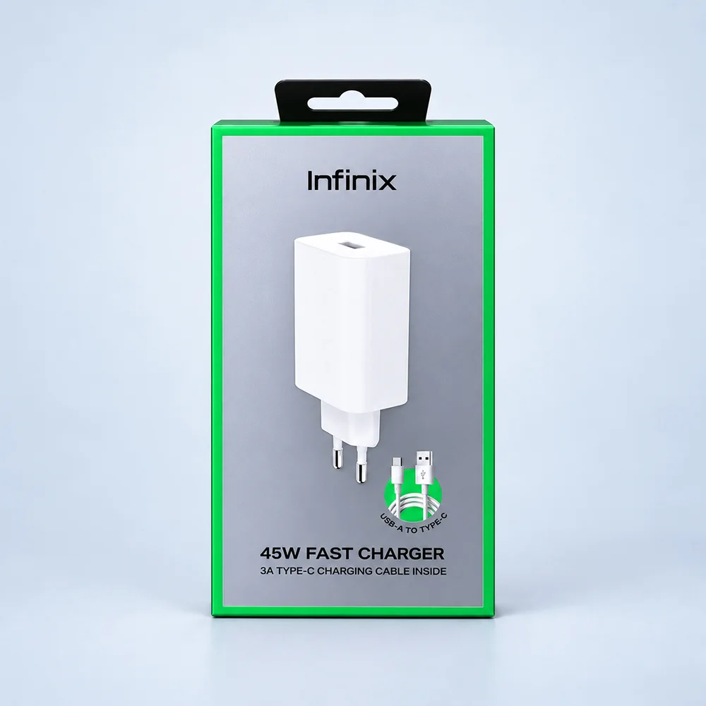 Infinix 45W Fast Charger With Type-C Cable 3 Infinix 45W fast charger retail box with 3A Type-C cable inside