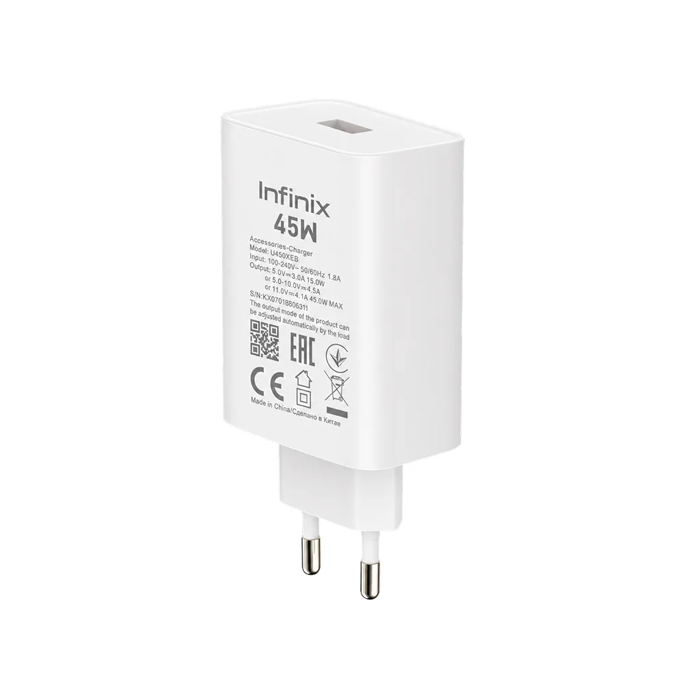 Infinix 45W Fast Charger With Type-C Cable 2 Infinix 45W charger label showing model U450XEB and output ratings