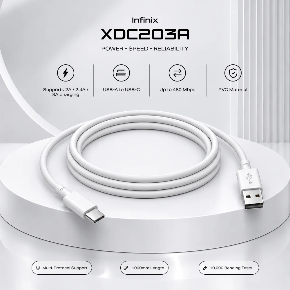 Infinix Usb-A To Type-C Cable 1M (Xdc203A) 1 Infinix XDC203A USB-A to Type-C cable features: 3A charging, 480Mbps, PVC, 1m, 10,000 bends