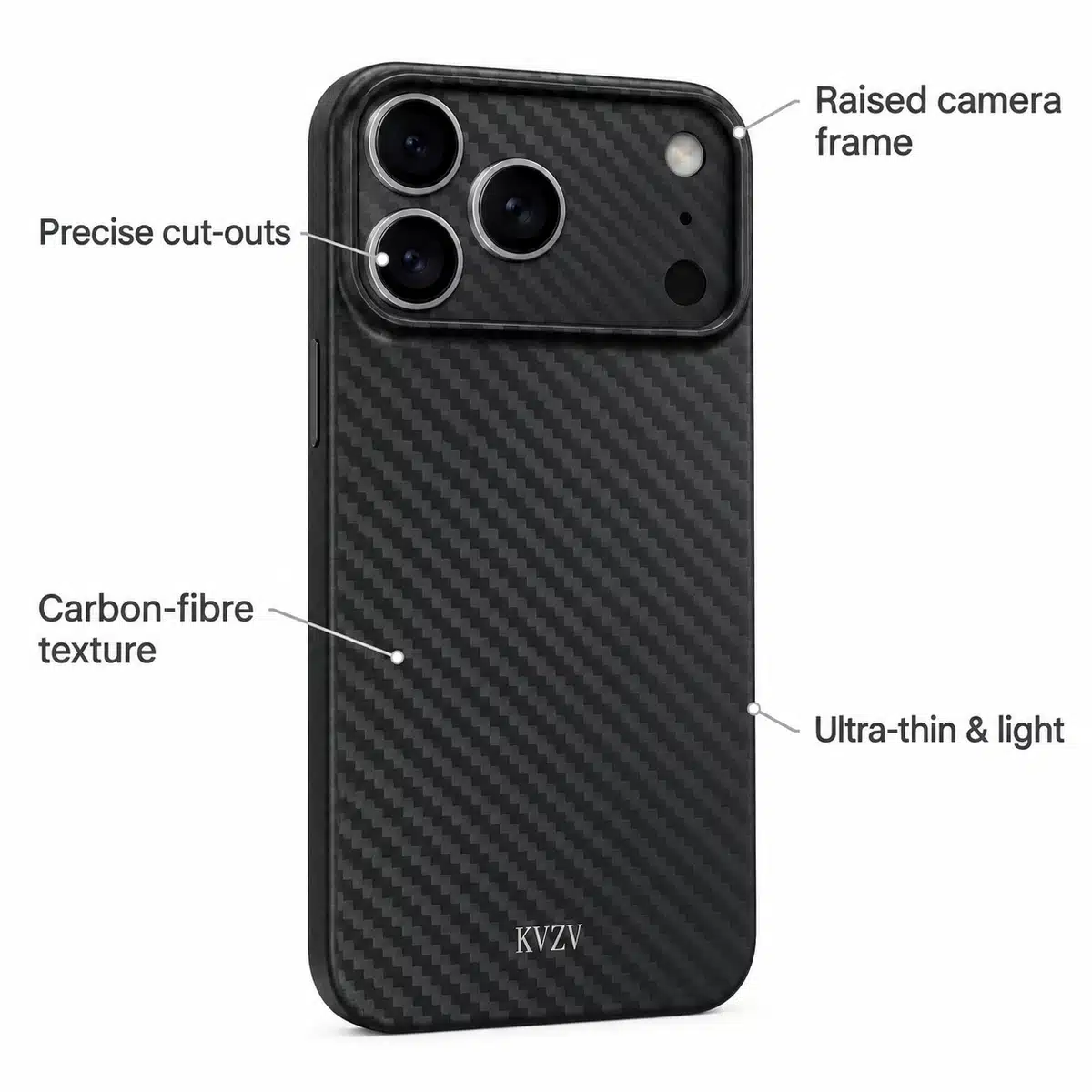 Kvzv Carbonedge Iphone 17 Pro Max Carbon Case 18 iPhone 17 Pro Max carbon case features: carbon-fibre texture, raised camera frame, ultra-thin, precise cut-outs