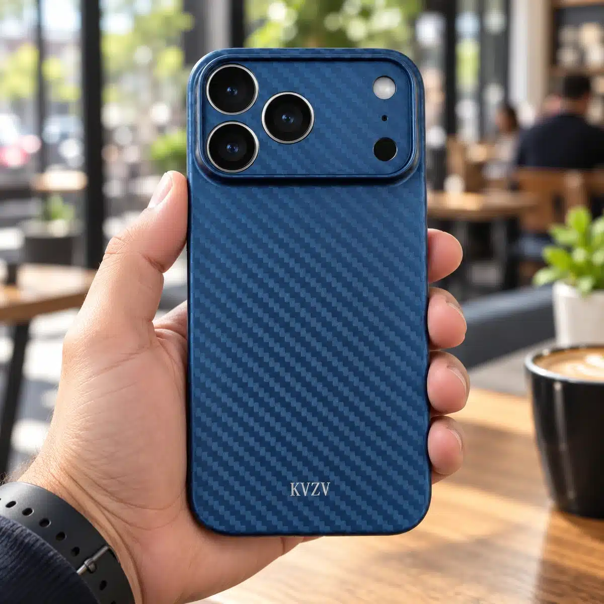 Kvzv Carbonedge Iphone 17 Pro Max Carbon Case 21 Hand holding an iPhone 17 Pro Max in a blue KVZV carbon case