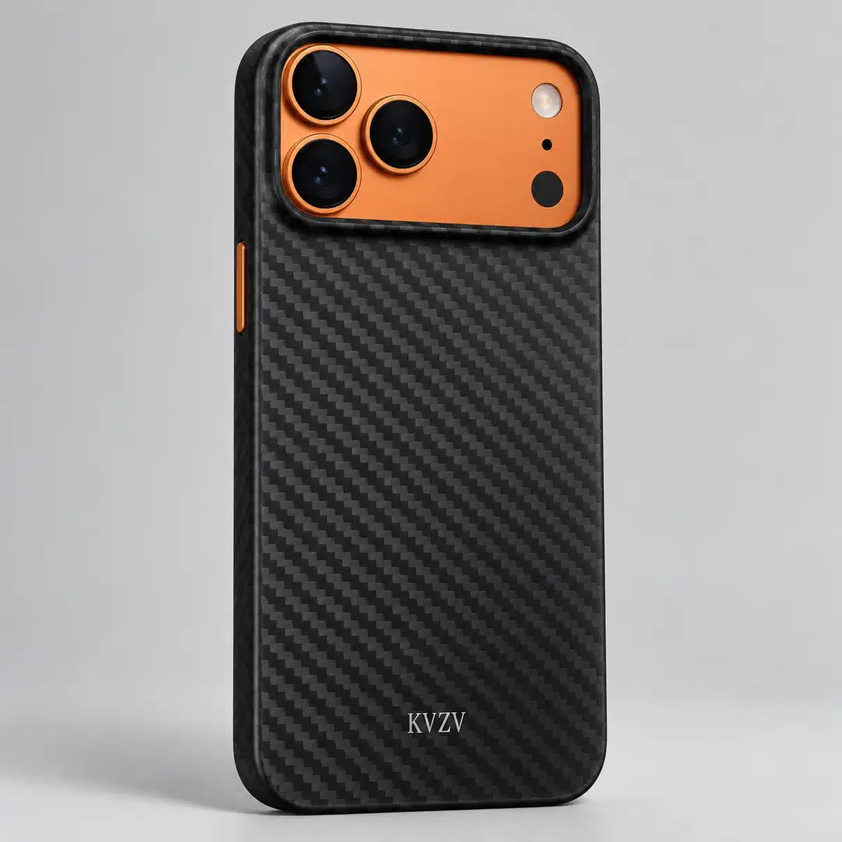 Kvzv Carbonedge Iphone 17 Pro Max Carbon Case 17 Black carbon case fitted on an orange iPhone 17 Pro Max with raised camera frame