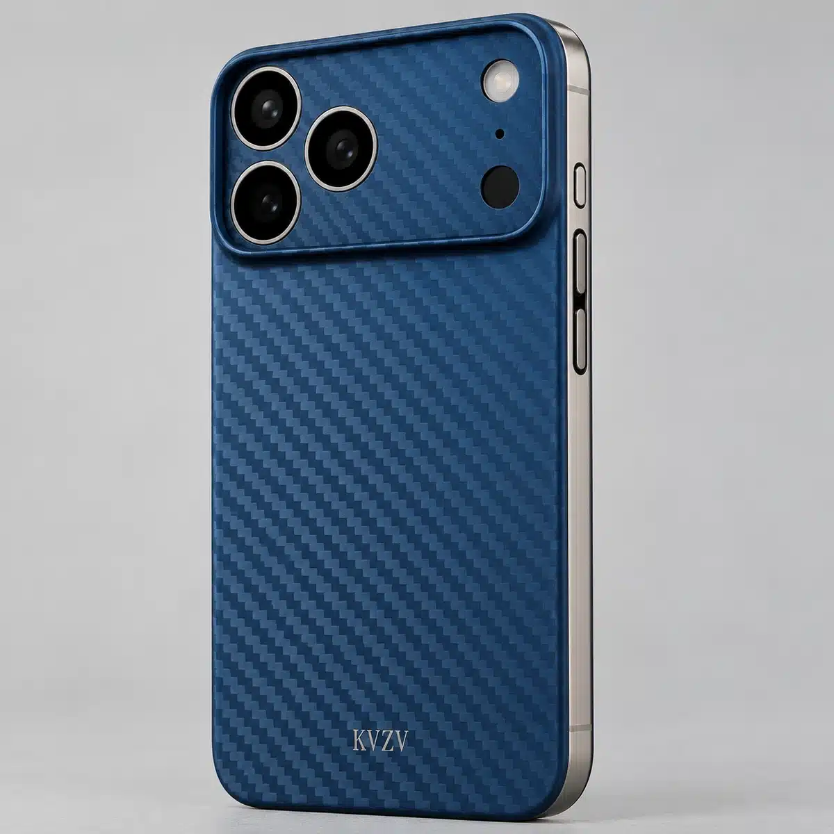 Kvzv Carbonedge Iphone 17 Pro Max Carbon Case 19 Side profile of the blue ultra-thin carbon case on iPhone 17 Pro Max