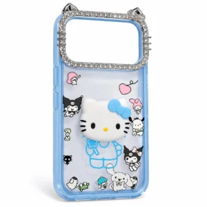 Cute kitty iPhone 18 Pro Max case for girls, blue, rhinestone cat-ear camera frame