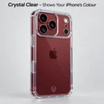 iPhone 18 Pro Max clear case on a burgundy iPhone iPhone 18 Pro Max clear case on a burgundy iPhone, crystal clear back shows the colour