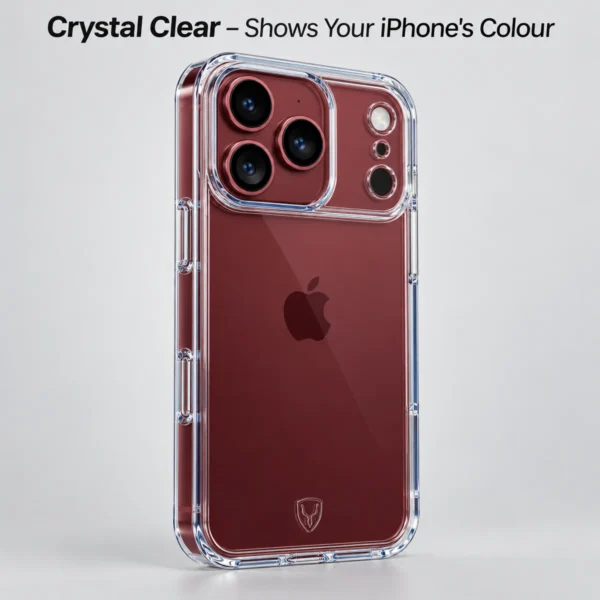 iPhone 18 Pro Max clear case on a burgundy iPhone iPhone 18 Pro Max clear case on a burgundy iPhone, crystal clear back shows the colour