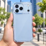 iPhone 18 Pro Max clear cover on a glacier blue iPhone held in hand iPhone 18 Pro Max clear cover on a glacier blue iPhone held in hand