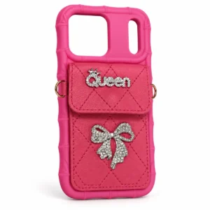 Queen bow iPhone 18 Pro Max cover for girls, pink quilted pocket case