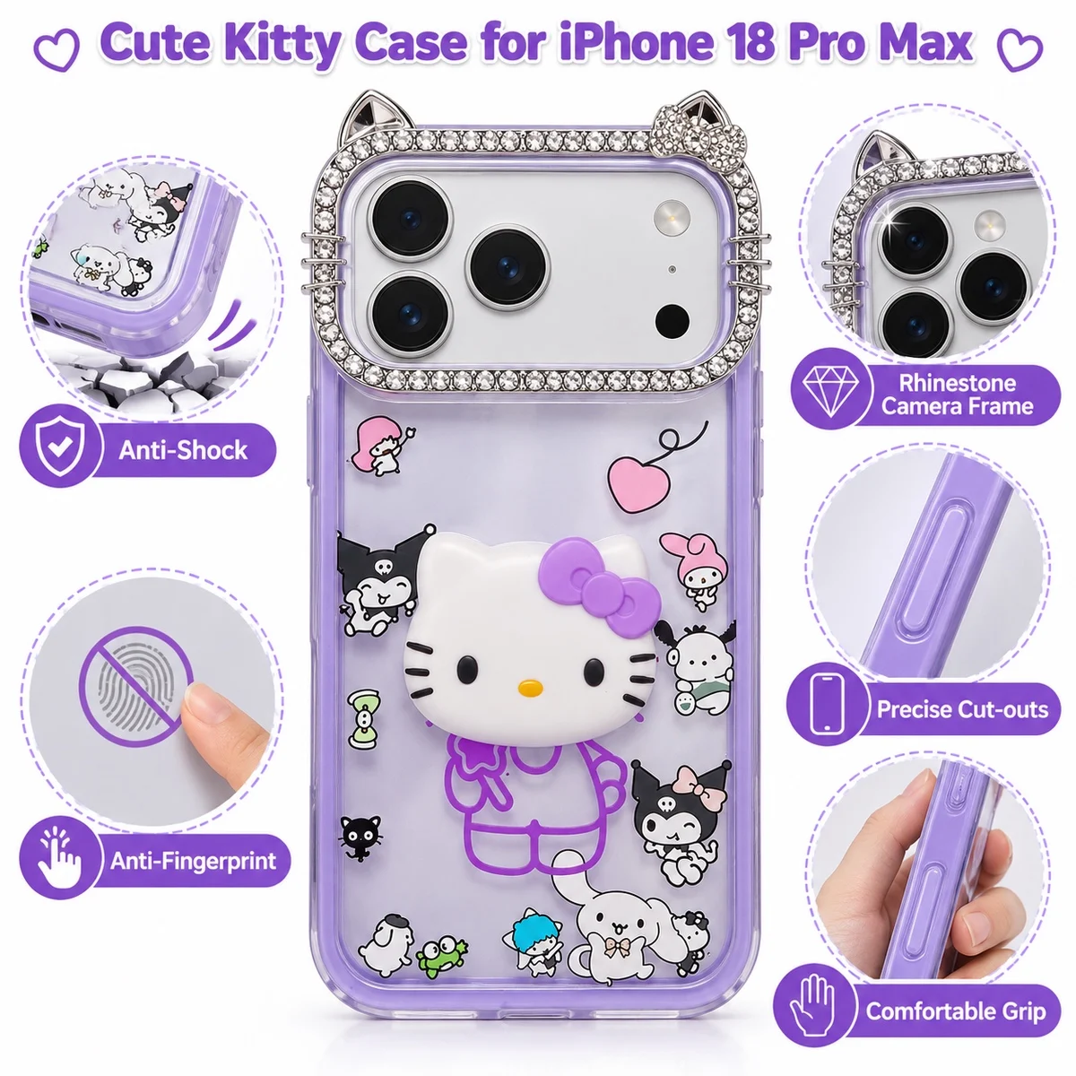 Cute Kitty Iphone 18 Pro Max Case For Girls – Rhinestone Cat-Ear Camera Frame (Also Fits 17 Pro Max) 26 Cute kitty case for iPhone 18 Pro Max features: anti-shock, anti-fingerprint, precise cut-outs, rhinestone camera frame