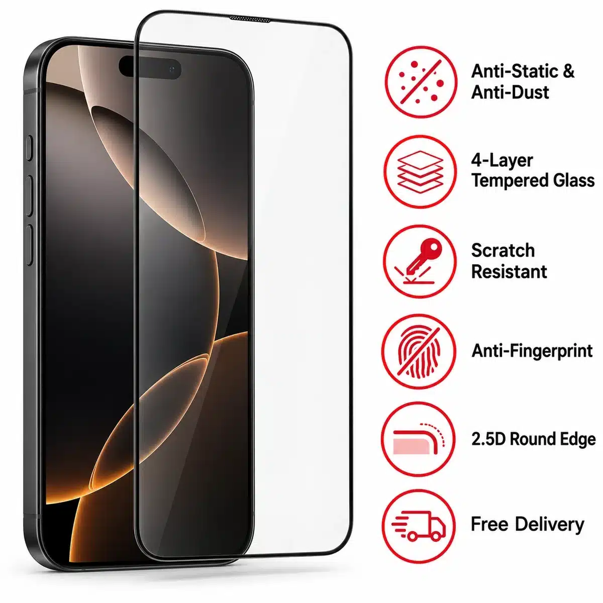 Youksh Anti-Static Tempered Glass For Iphone 14, 15, 16 And 17 Pro Max 18 iPhone glass protector features: anti-static and anti-dust, 4-layer tempered glass, scratch resistant, anti-fingerprint, 2.5D round edge, free delivery