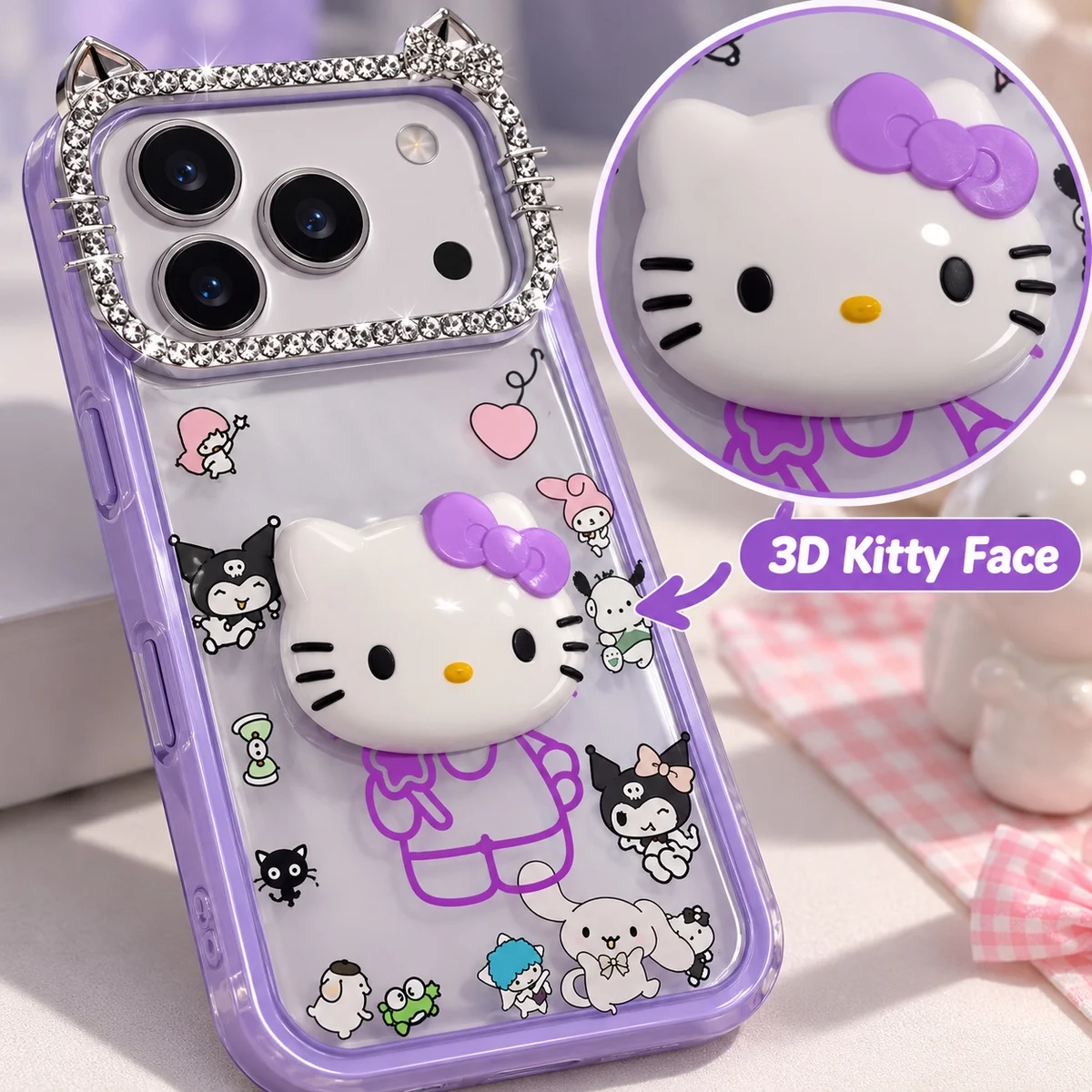 Cute Kitty Iphone 18 Pro Max Case For Girls – Rhinestone Cat-Ear Camera Frame (Also Fits 17 Pro Max) 25 3D kitty face on the purple iPhone case