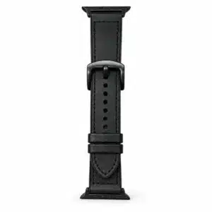 Black leather watch strap with black metal buckle
