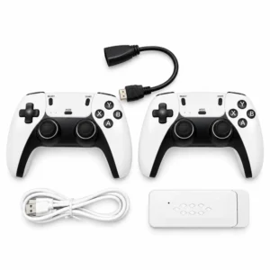 M22 game stick with two white-and-black controllers, USB cable and HDMI extension