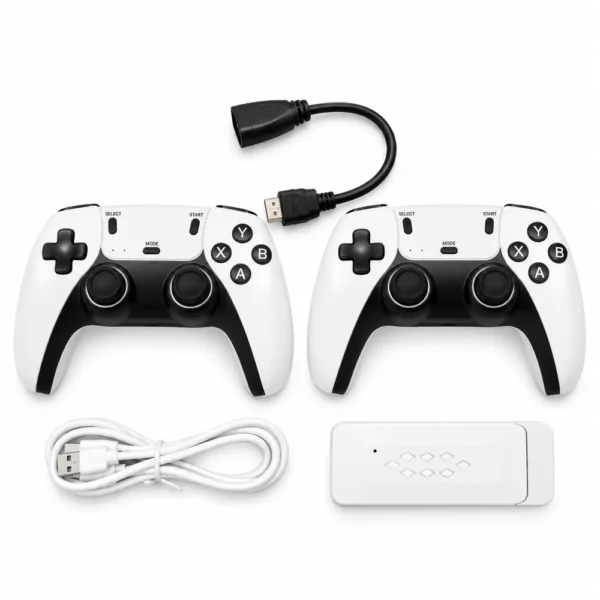 M22 Game Stick Complete Set M22 game stick with two white-and-black controllers, USB cable and HDMI extension