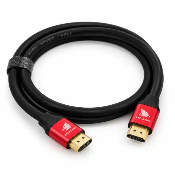 Master King 4K Hdmi Cable Coiled With Red Aluminium Connectors And Gold-Plated Plugs Master King 4K HDMI cable coiled with red aluminium connectors and gold-plated plugs