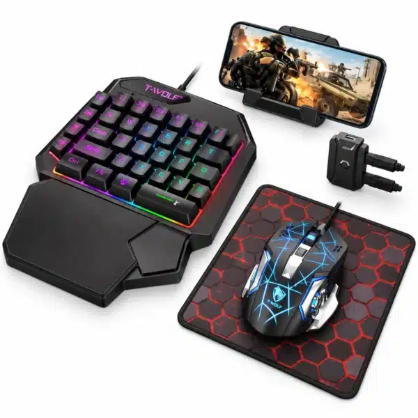 One Hand Keyboard And Mouse Set T-Wolf TF950 5 in 1 gaming combo with half hand keyboard, mouse, converter, mouse pad and adjustable phone stand