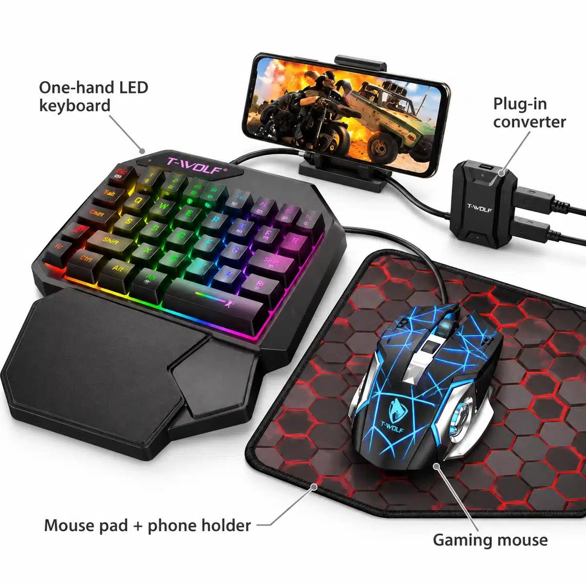 5-In-1 T-Wolf Tf950 Half Hand Gaming Keyboard &Amp; Mouse Combo – Mobile Gaming Converter With Adjustable Phone Stand 2 T-Wolf TF950 features: one-hand LED keyboard, gaming mouse, plug-in converter, mouse pad and phone stand
