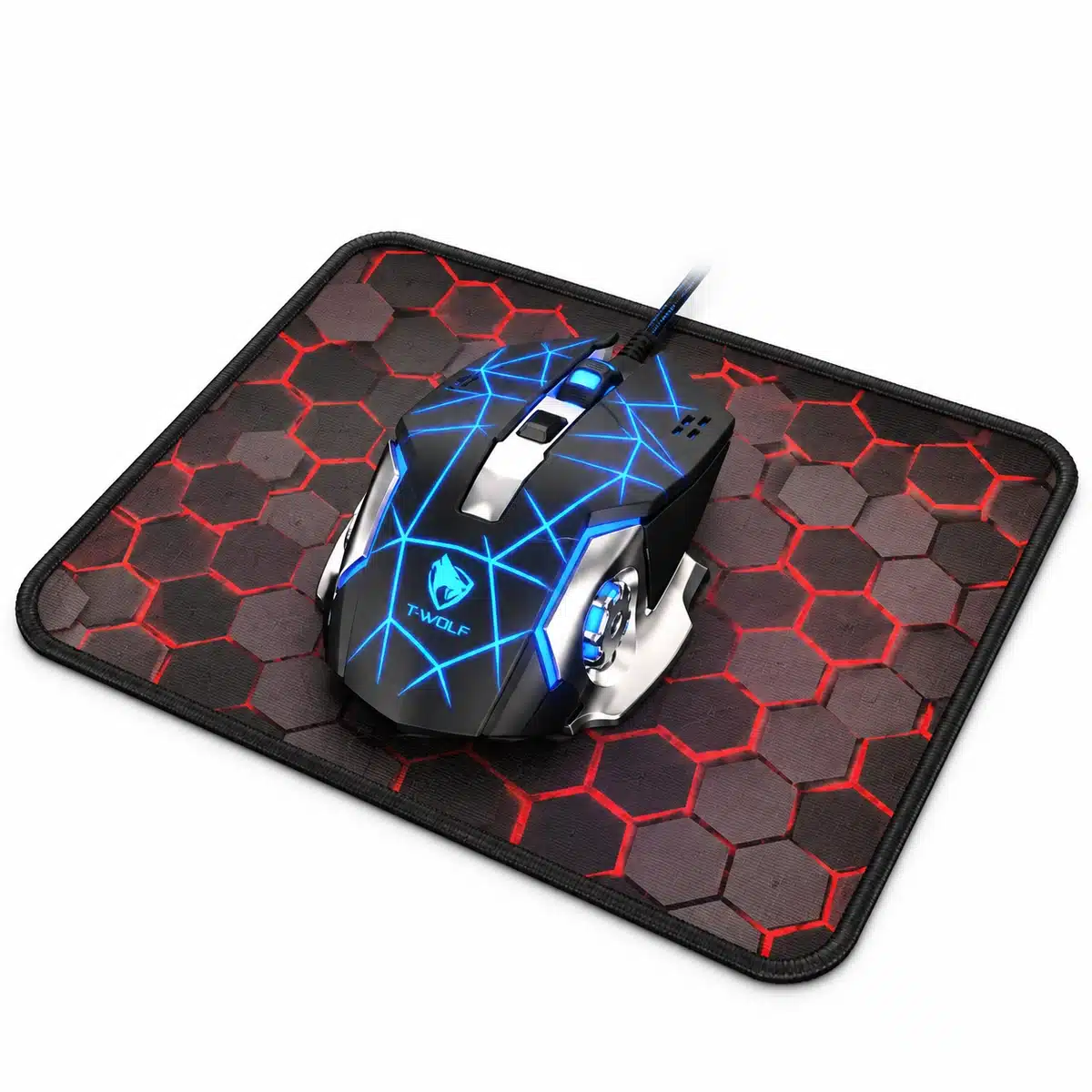 5-In-1 T-Wolf Tf950 Half Hand Gaming Keyboard &Amp; Mouse Combo – Mobile Gaming Converter With Adjustable Phone Stand 4 T-Wolf LED gaming mouse on red hexagon mouse pad