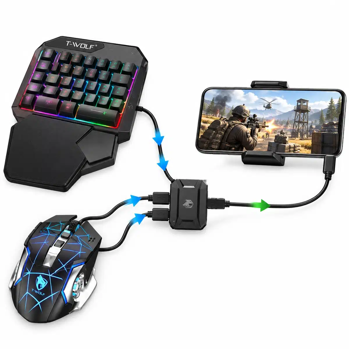 5-In-1 T-Wolf Tf950 Half Hand Gaming Keyboard &Amp; Mouse Combo – Mobile Gaming Converter With Adjustable Phone Stand 5 How the one hand keyboard and mouse connect to a phone through the converter