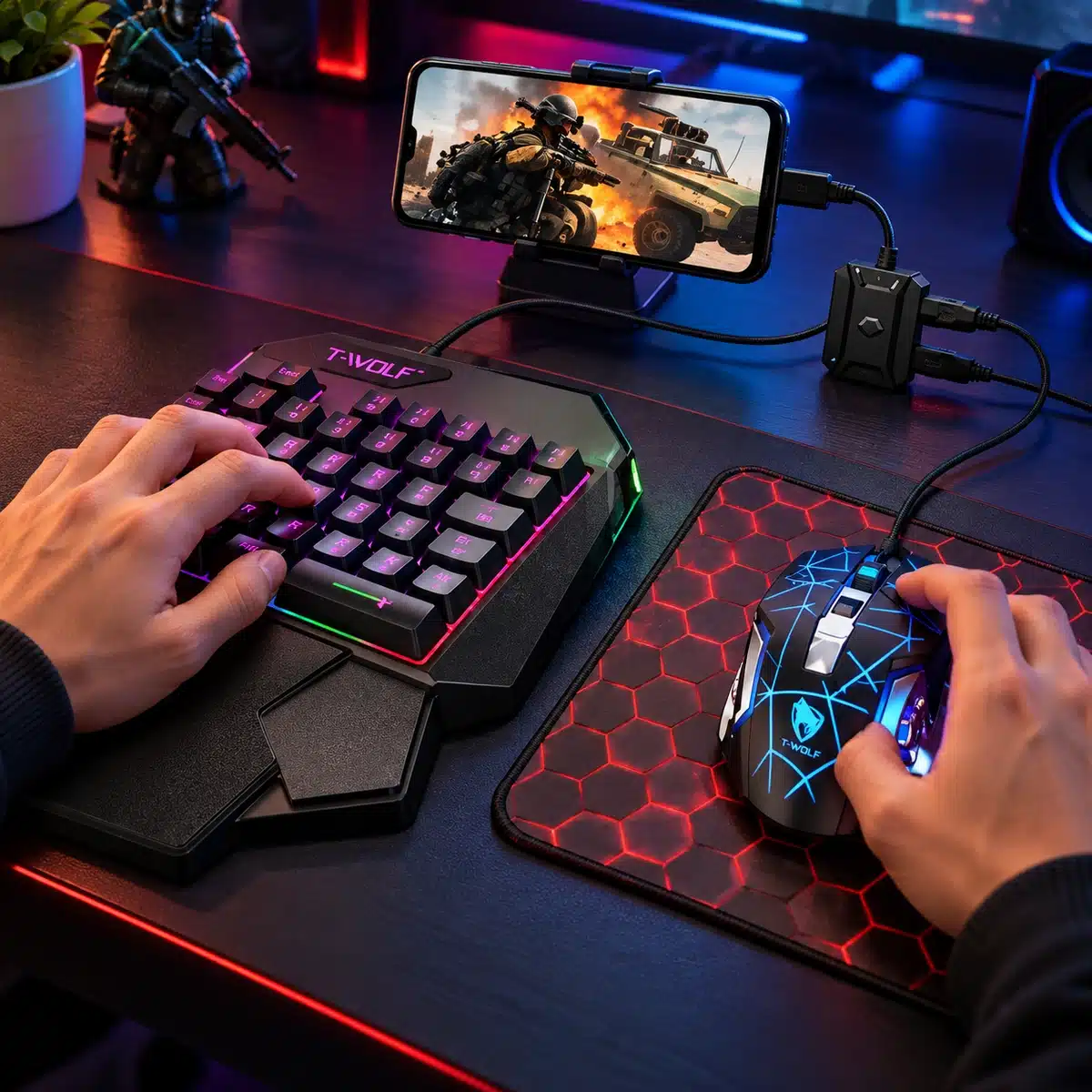 5-In-1 T-Wolf Tf950 Half Hand Gaming Keyboard &Amp; Mouse Combo – Mobile Gaming Converter With Adjustable Phone Stand 1 Playing PUBG Mobile on a phone with the T-Wolf one hand keyboard and mouse