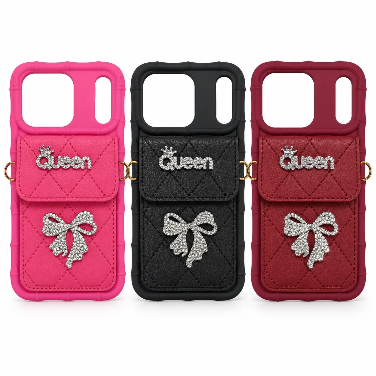 Queen Bow Iphone 18 Pro Max Cover For Girls – Quilted Pocket Case With Strap (Also Fits 17 Pro Max) 25 Queen bow pocket case in pink, black and maroon