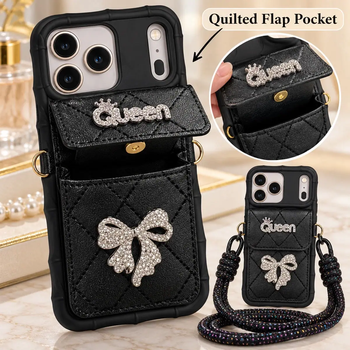 Queen Bow Iphone 18 Pro Max Cover For Girls – Quilted Pocket Case With Strap (Also Fits 17 Pro Max) 26 Queen bow case quilted flap pocket open