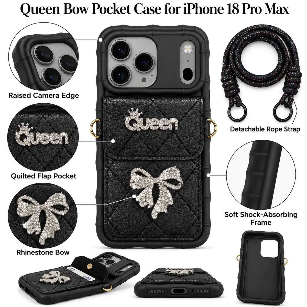 Queen Bow Iphone 18 Pro Max Cover For Girls – Quilted Pocket Case With Strap (Also Fits 17 Pro Max) 28 Queen bow pocket case for iPhone 18 Pro Max features: rope strap, quilted pocket, rhinestone bow, soft frame