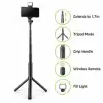 R16S Selfie Stick Features R16S features: extends to 1.7m, tripod mode, grip handle, wireless remote, fill light