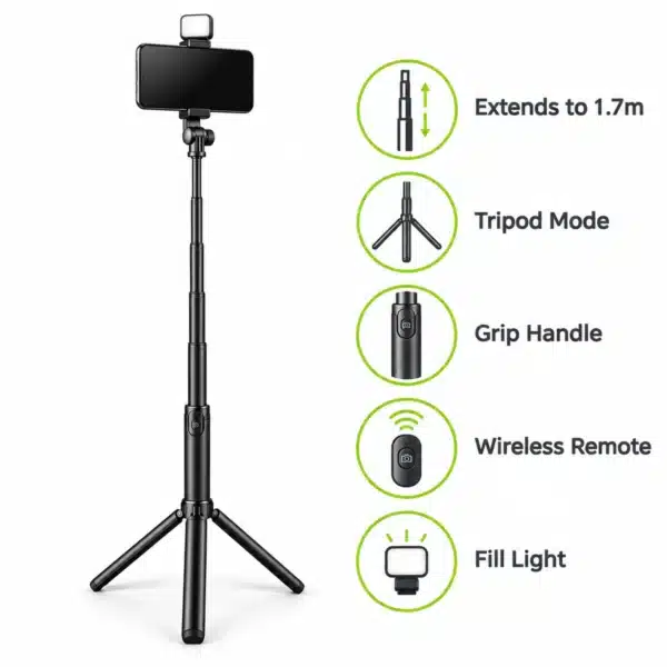 R16S Selfie Stick Features R16S features: extends to 1.7m, tripod mode, grip handle, wireless remote, fill light