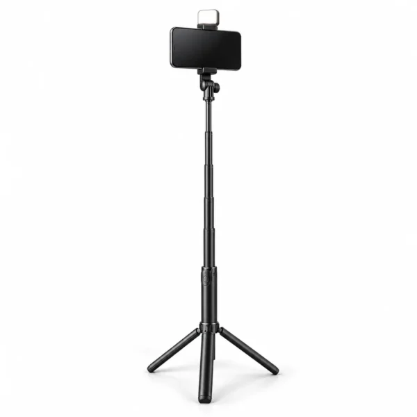 R16S Extended Tripod Mode R16S selfie stick extended to 1.7m on tripod legs with phone and fill light