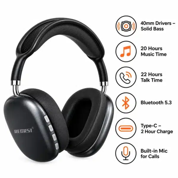 Recrsi RE-NY063 Features Recrsi RE-NY063 features: 40mm drivers, 20 hours music, 22 hours talk time, Bluetooth 5.3, Type-C 2 hour charge, built-in mic