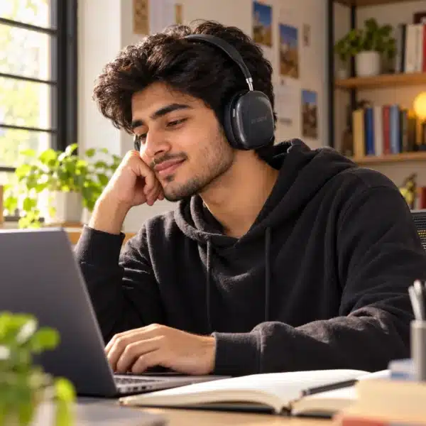 Recrsi RE-NY063 Lifestyle Student wearing Recrsi RE-NY063 wireless headphones while studying on a laptop