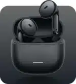 Redmi Buds 8 Active black earbuds lifted out of the open charging case Redmi Buds 8 Active black earbuds lifted out of the open charging case