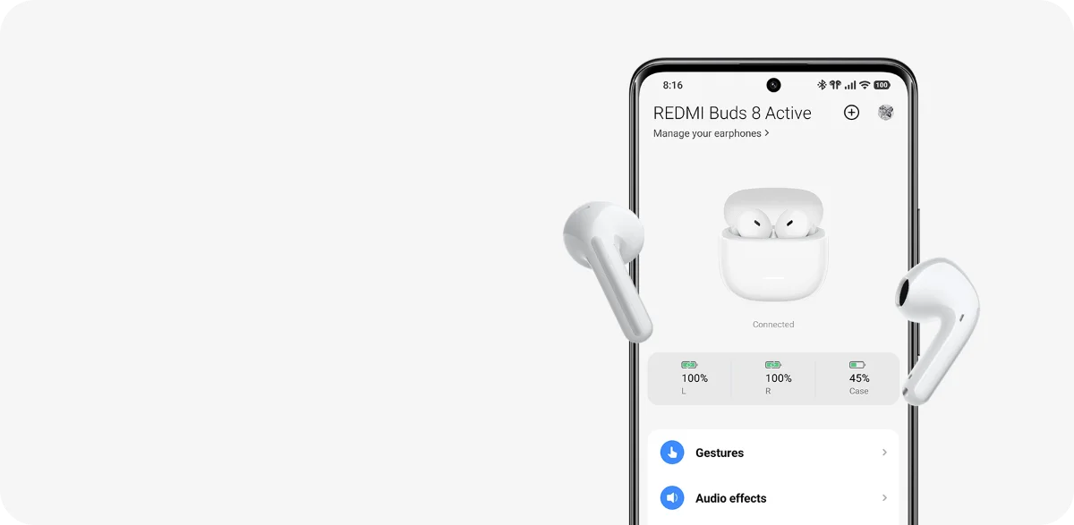 Redmi Buds 8 Active Wireless Earbuds 9 Xiaomi Earbuds app showing Redmi Buds 8 Active battery levels, gestures and audio settings
