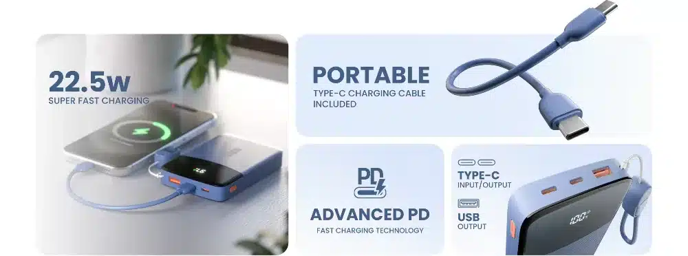 Ronin Cyan R-4075 10000Mah Power Bank 2 Ronin R-4075 features: 22.5W fast charging, Type-C cable included, PD, Type-C and USB ports