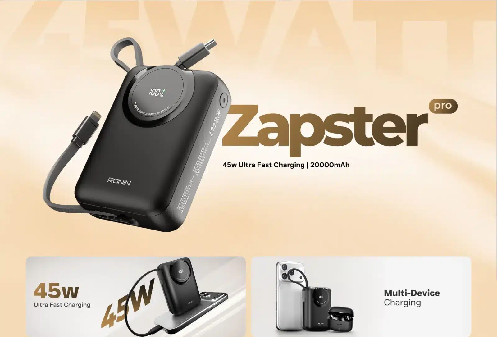 Ronin Zapster Pro R-4090 20000Mah 45W Power Bank With Built-In Cables 2 Ronin Zapster Pro R-4090 45W ultra fast charging 20000mAh, multi-device charging