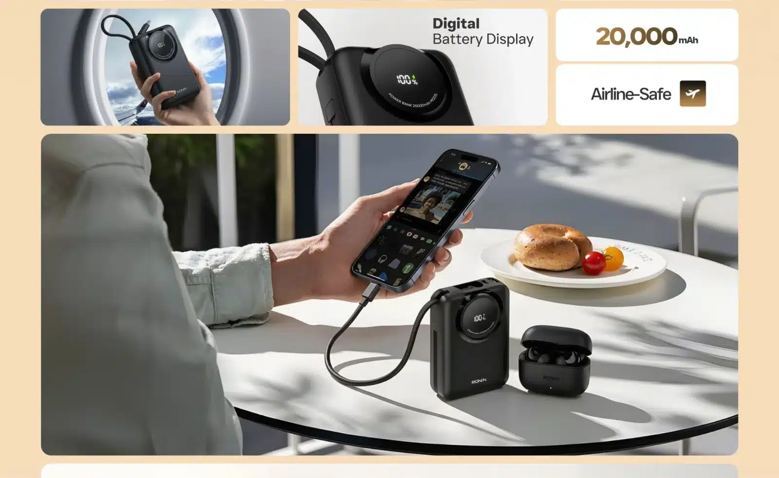 Ronin Zapster Pro R-4090 20000Mah 45W Power Bank With Built-In Cables 3 Ronin Zapster Pro R-4090 digital battery display, 20000mAh, airline-safe, charging a phone and earbuds