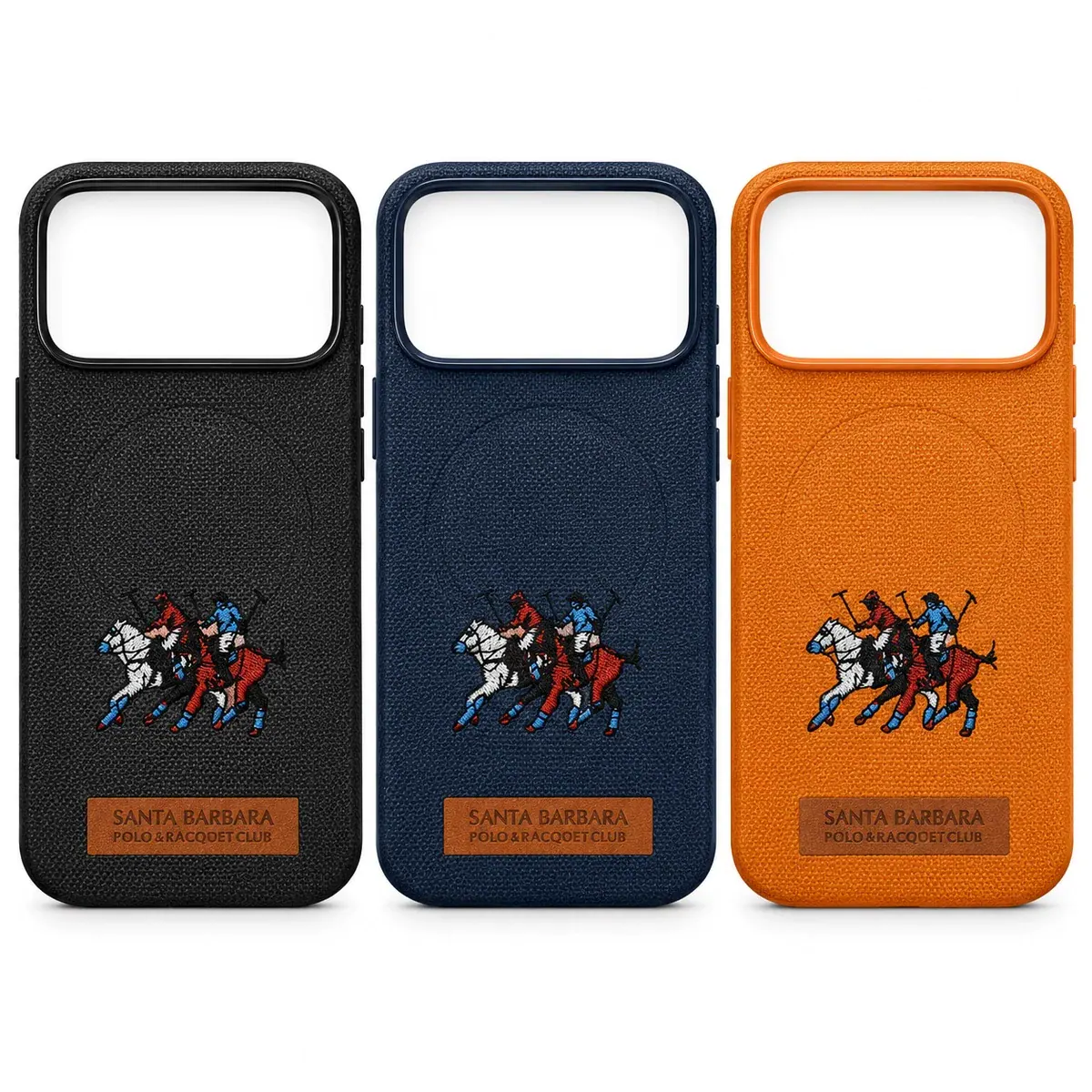 Santa Barbara Polo &Amp; Racquet Club Case For Iphone 17 Pro Max &Amp; 18 Pro Max – Embroidered Polo Logo 31 Santa Barbara Polo case for iPhone 17 Pro Max in black, navy blue and orange