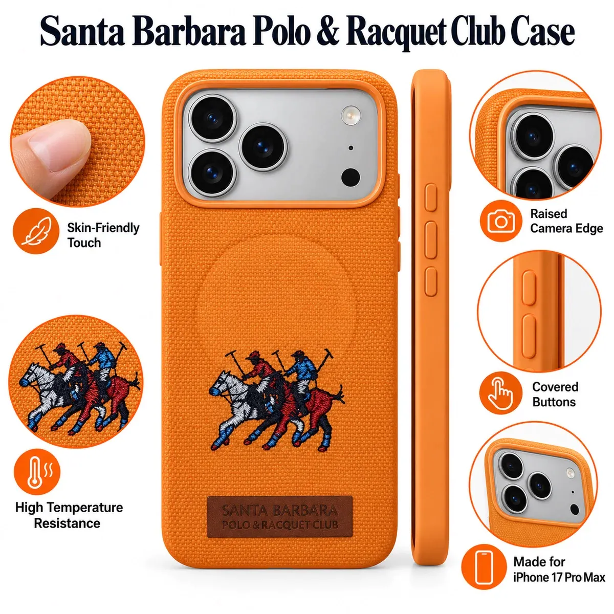 Santa Barbara Polo &Amp; Racquet Club Case For Iphone 17 Pro Max &Amp; 18 Pro Max – Embroidered Polo Logo 33 Santa Barbara Polo and Racquet Club case features: skin-friendly touch, high temperature resistance, raised camera edge