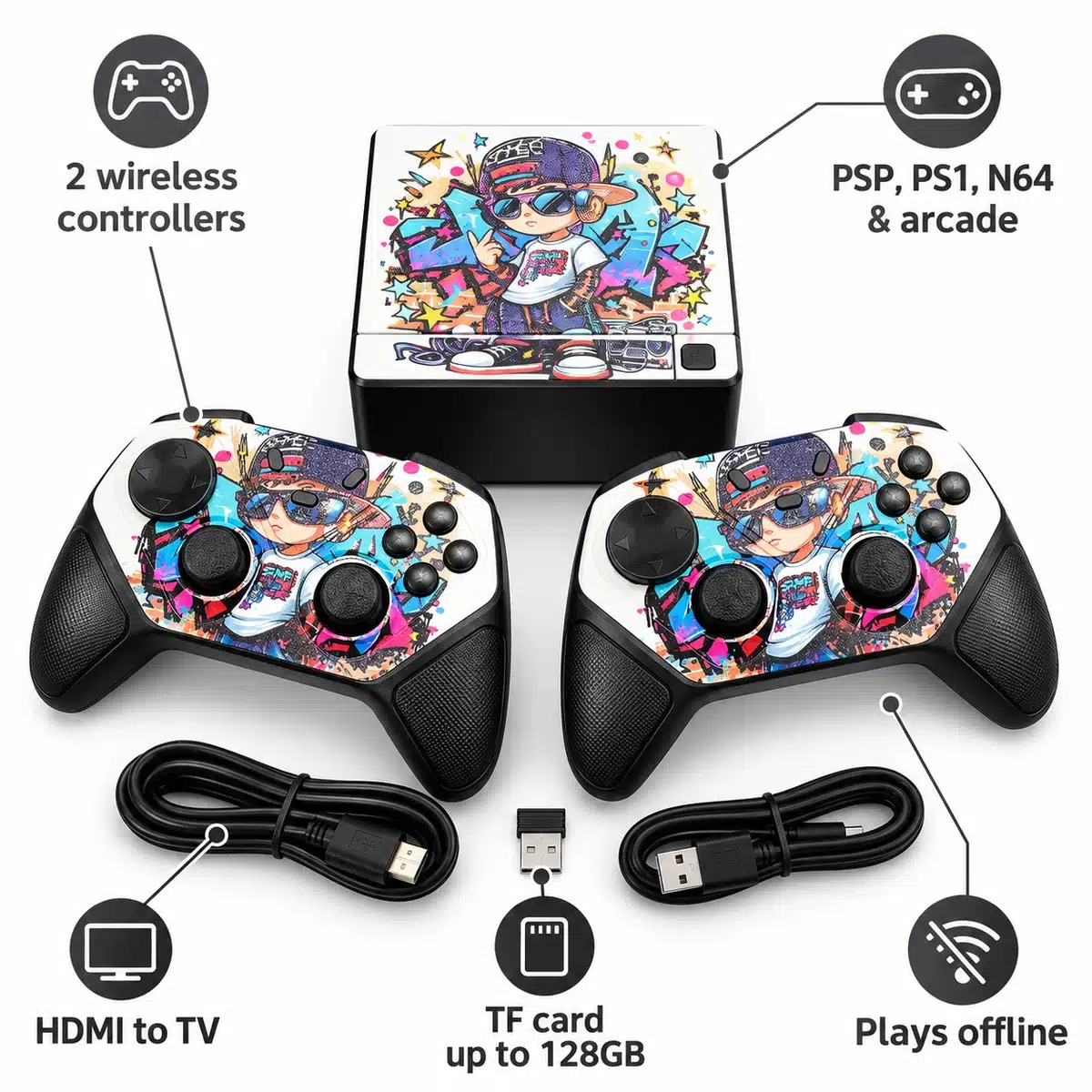 Sd1 Game Console – 4K Hdmi Retro Gamestation With 2 Wireless Controllers 4 SD1 game console features: 2 wireless controllers, HDMI to TV, PSP PS1 N64 and arcade, TF card up to 128GB, plays offline