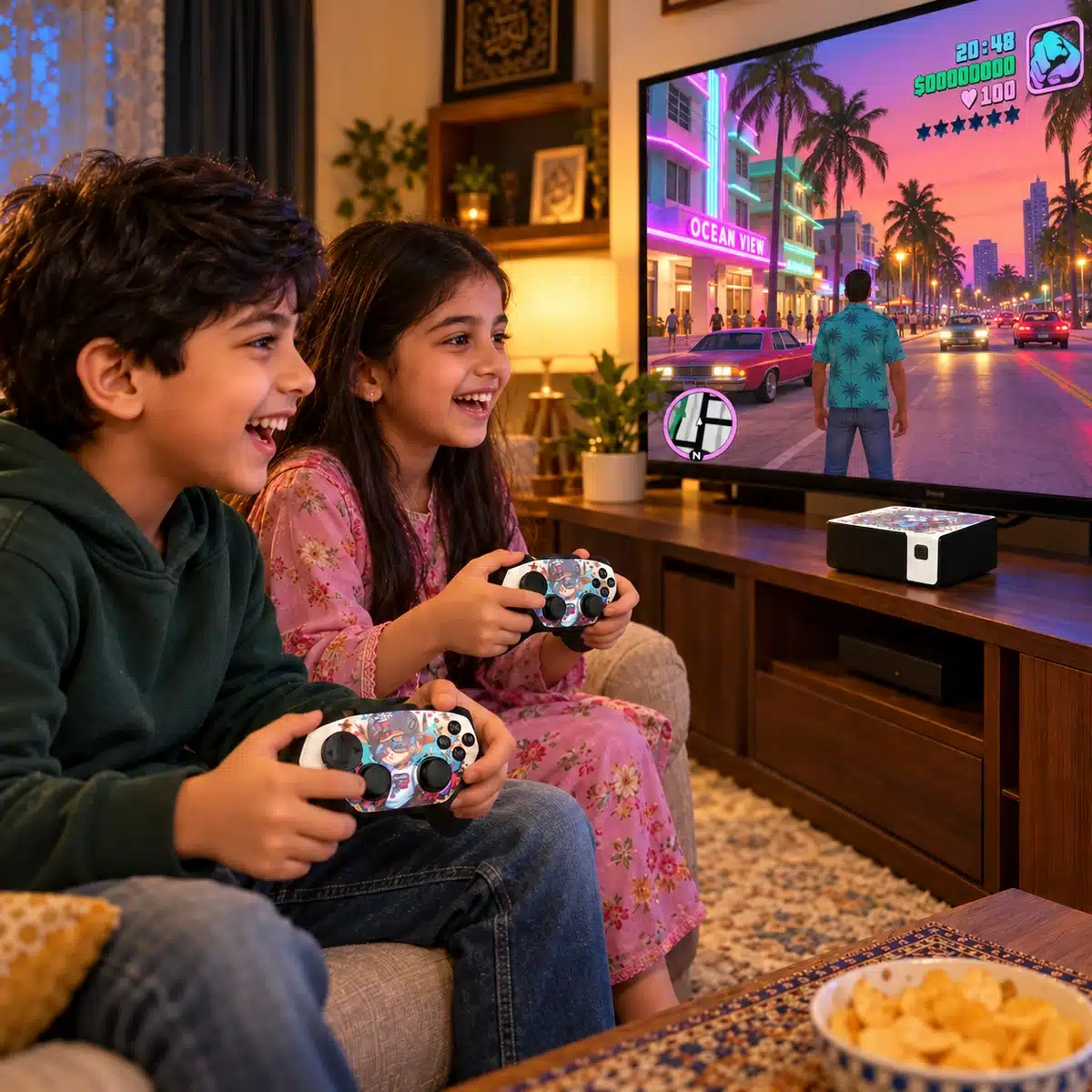 Sd1 Game Console – 4K Hdmi Retro Gamestation With 2 Wireless Controllers 1 Two kids playing the SD1 game console on a TV with wireless controllers