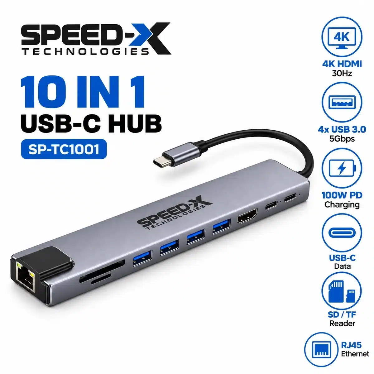 Speedx 10 In 1 Usb-C Hub (Sp-Tc1001) – 4K Hdmi, 4× Usb 3.0, 100W Pd, Sd/Tf, Rj45 2 SpeedX 10 in 1 USB-C hub features: 4K HDMI 30Hz, 4 USB 3.0, 100W PD, USB-C data, SD/TF reader, RJ45 Ethernet