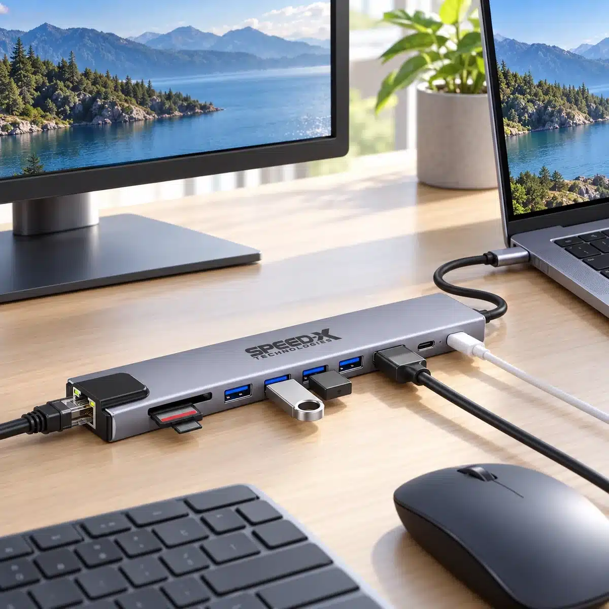 Speedx 10 In 1 Usb-C Hub (Sp-Tc1001) – 4K Hdmi, 4× Usb 3.0, 100W Pd, Sd/Tf, Rj45 1 SpeedX 10 in 1 USB-C hub connecting a laptop to a monitor, keyboard, mouse and LAN