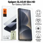 Spigen GLAS.tR Slim HD for Galaxy S26 Ultra features: full cover, 9H hardness, HD clarity, oleophobic coating Spigen GLAS.tR Slim HD for Galaxy S26 Ultra features: full cover, 9H hardness, HD clarity, oleophobic coating