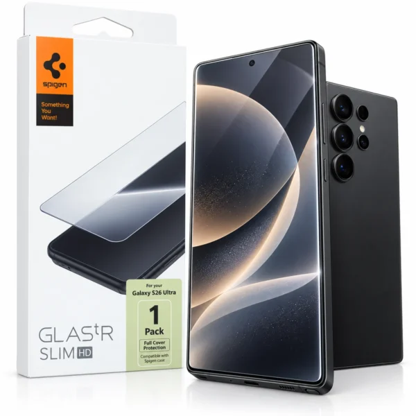 Spigen GLAS.tR Slim HD fitted on Galaxy S26 Ultra, full cover Spigen GLAS.tR Slim HD fitted on Galaxy S26 Ultra, full cover