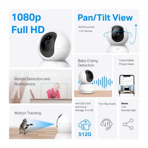 Tp-Link Tapo C200C Pan/Tilt Home Security Wi-Fi Camera 1080P 1 Tapo C200C features: 1080p Full HD, 360° pan/tilt, motion tracking, baby crying detection, two-way audio, microSD up to 512GB