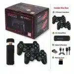 X2 Plus game stick box contents: game stick, 2 wireless controllers, cables, receiver and memory card X2 Plus game stick box contents: game stick, 2 wireless controllers, cables, receiver and memory card